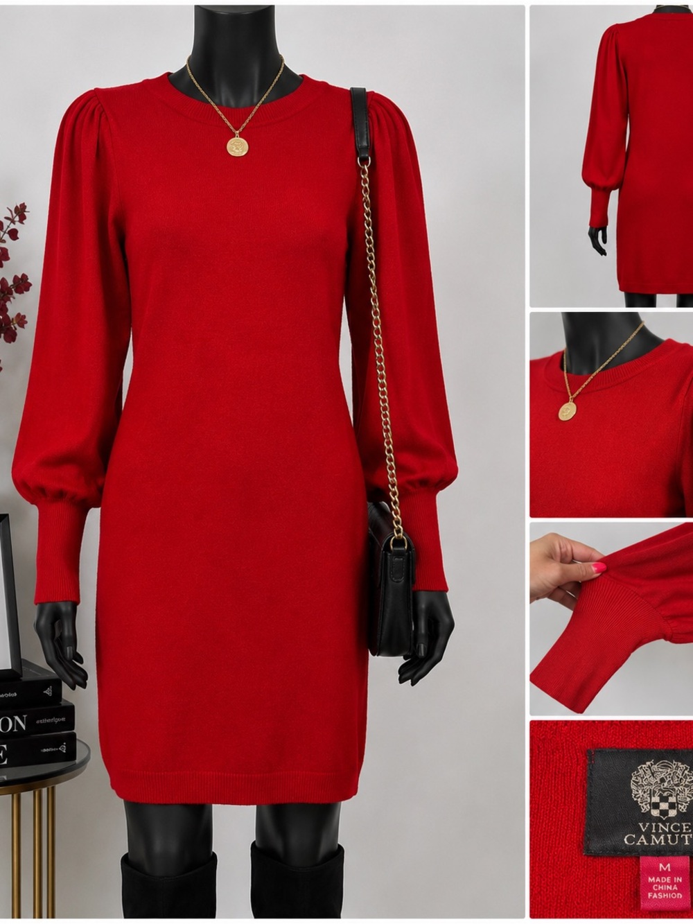 Vince Camuto Red Sweater Dress M Balloon Sleeve Ribbed Cuff Shift Holiday